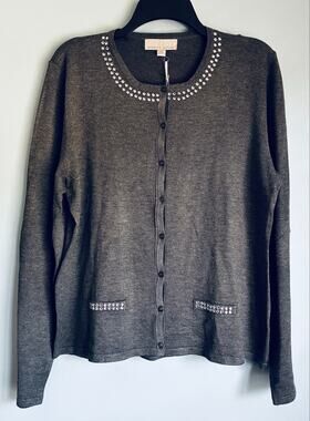 Carolyn Taylor Cardigan Gray Jeweled Preppy Button Large Pockets